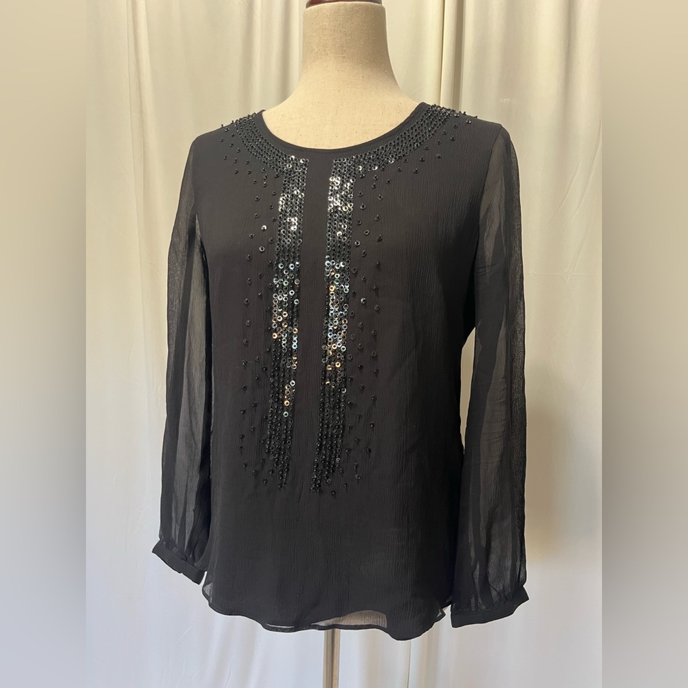 Vineyard Vines Black Sequin Top with Sheer Sleeves Size 2